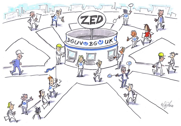 Eine Strichzeichung, in der Menschen ihre Unterlagen zur ZED bringen